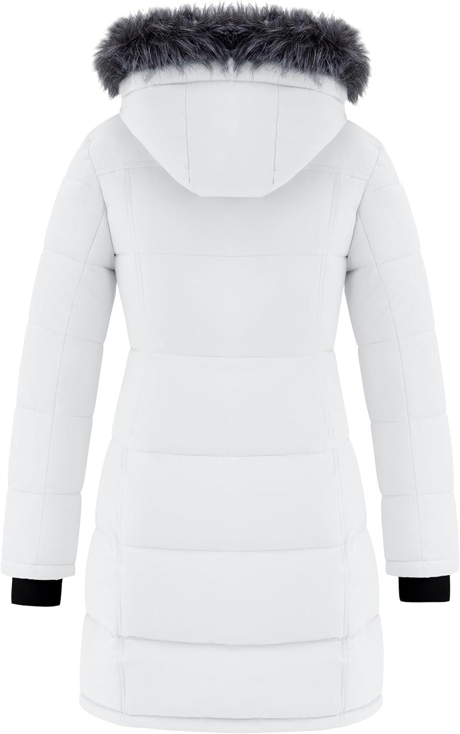 imagewantdo Womens Waterproof Winter Coat Warm Long Puffer Jackets with Faux Fur Hood Thicken ParkaWhite