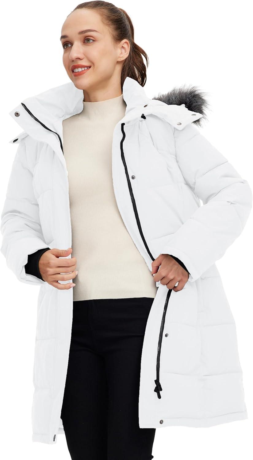 imagewantdo Womens Waterproof Winter Coat Warm Long Puffer Jackets with Faux Fur Hood Thicken ParkaWhite