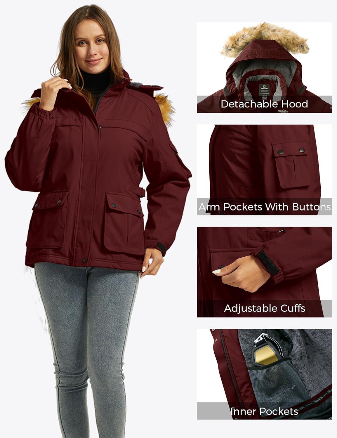 imageWantdo Womens Waterproof Ski Jacket Windproof Winter Snow Coat Mountain Snowboarding Jackets Outdoor Fleece ParkaWine Red