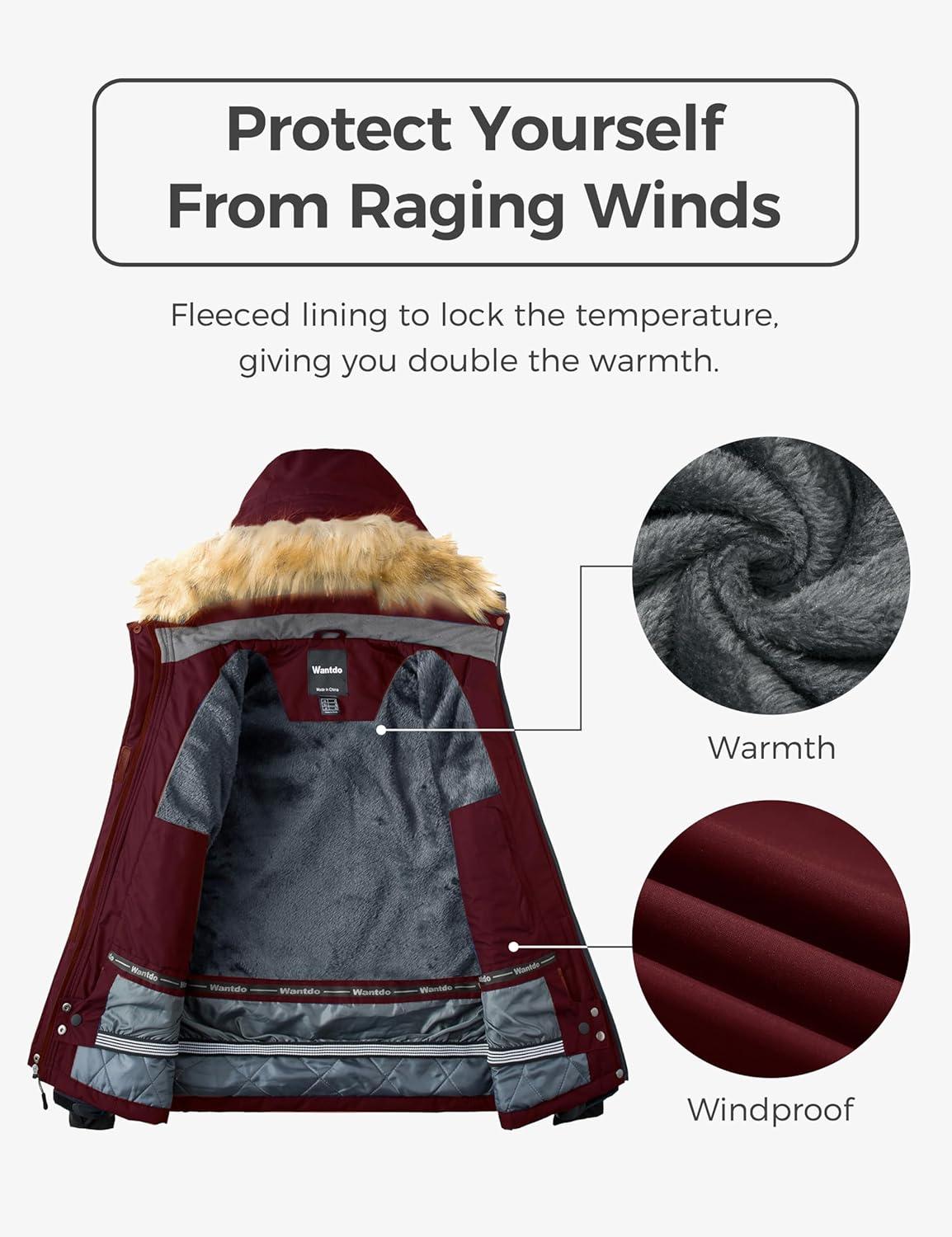 imageWantdo Womens Waterproof Ski Jacket Windproof Winter Snow Coat Mountain Snowboarding Jackets Outdoor Fleece ParkaWine Red