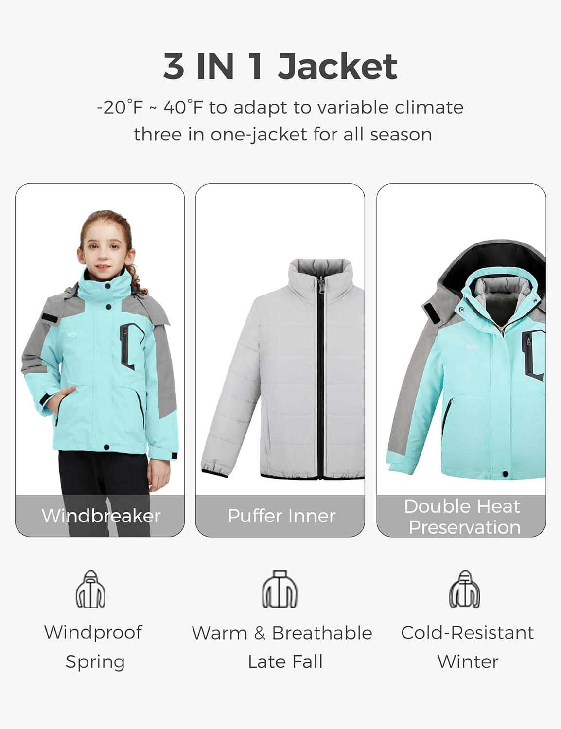 imagewantdo Girls Ski Jacket Warm 3 in 1 Winter Coat Fleece Lined Snow CoatGreen