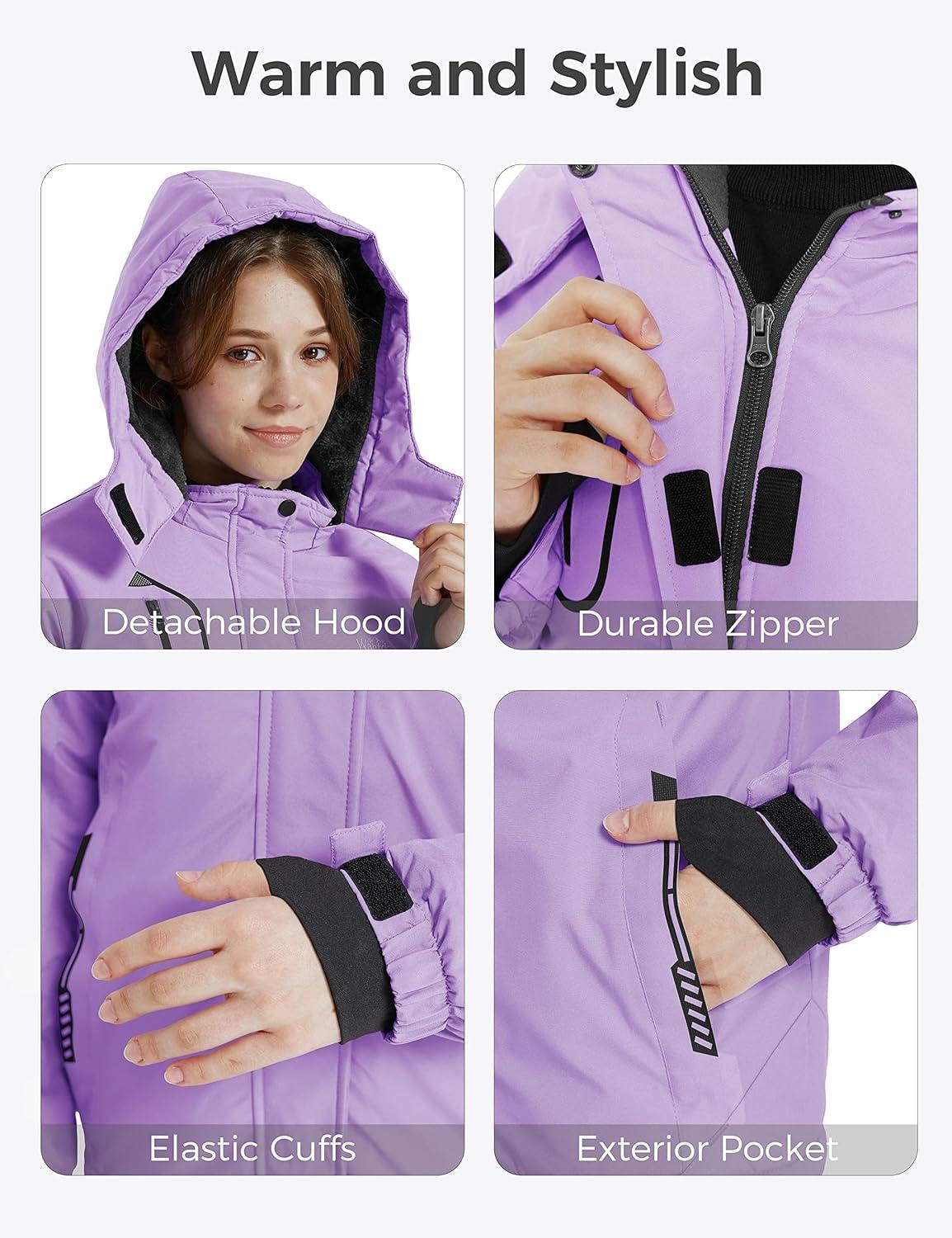 imagewantdo Girls Waterproof Winter Coat Fleece Ski Jacket Hooded Snow Coat Warm Raincoat OuterwearLight Purple