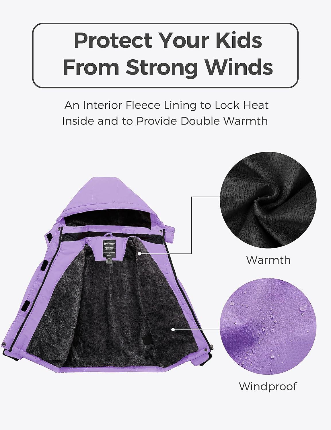 imagewantdo Girls Waterproof Winter Coat Fleece Ski Jacket Hooded Snow Coat Warm Raincoat OuterwearLight Purple