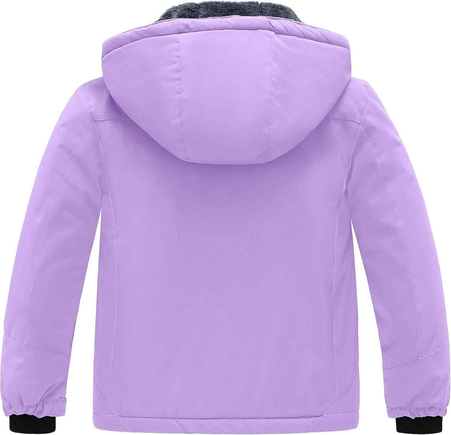 imagewantdo Girls Waterproof Winter Coat Fleece Ski Jacket Hooded Snow Coat Warm Raincoat OuterwearLight Purple
