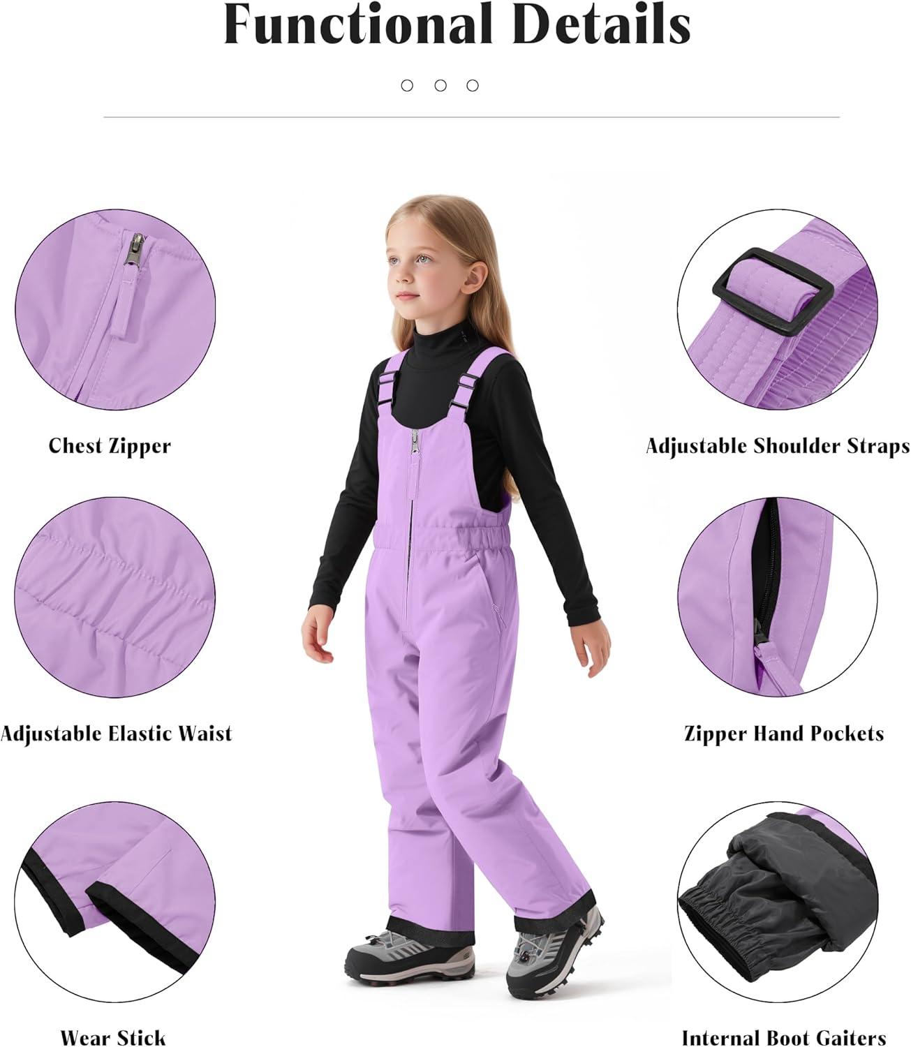 imagewantdo Kids Girls Waterproof Ski Bibs Warm Snow Winter Pants Winter Warm Pants InsulatedLight Purple
