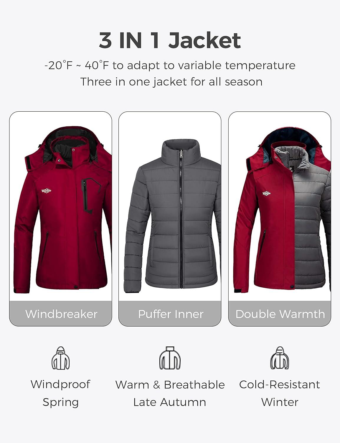 imagewantdo Womens 3 in 1 Waterproof Ski Jacket Mountain Snowboarding Jacket Winter Snow CoatWine Red