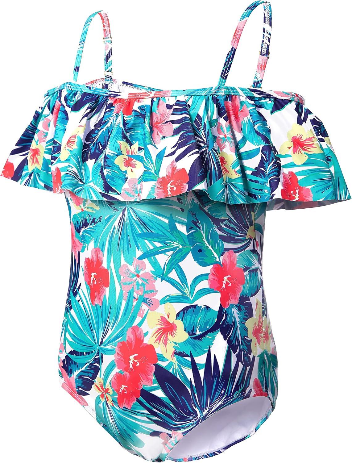 imagewantdo Girls One Piece Hawaiian Swimsuit Ruffle Floral Swimwear Summer Bathing Suit Outfits