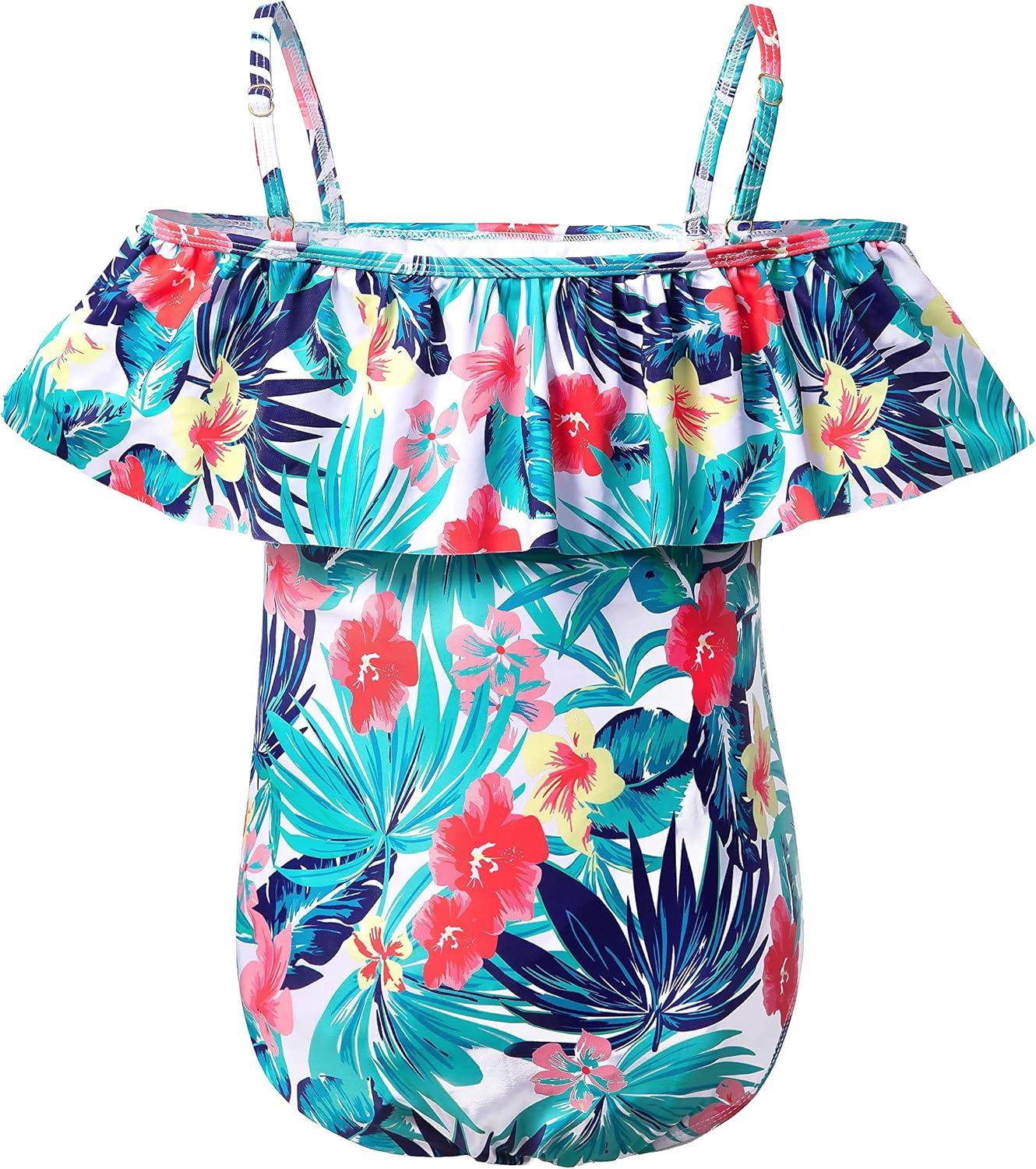 imagewantdo Girls One Piece Hawaiian Swimsuit Ruffle Floral Swimwear Summer Bathing Suit Outfits