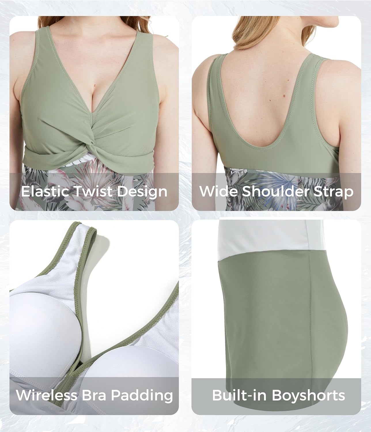 image:imagewantdo Womens Plus Size One Piece Swimsuit High Waist V Neck Swimdress High Waist Push Up Swim Dress Builtin Shorts Tummy Control Swimwear with Skirt Removable soft cupsLight Green Leaf