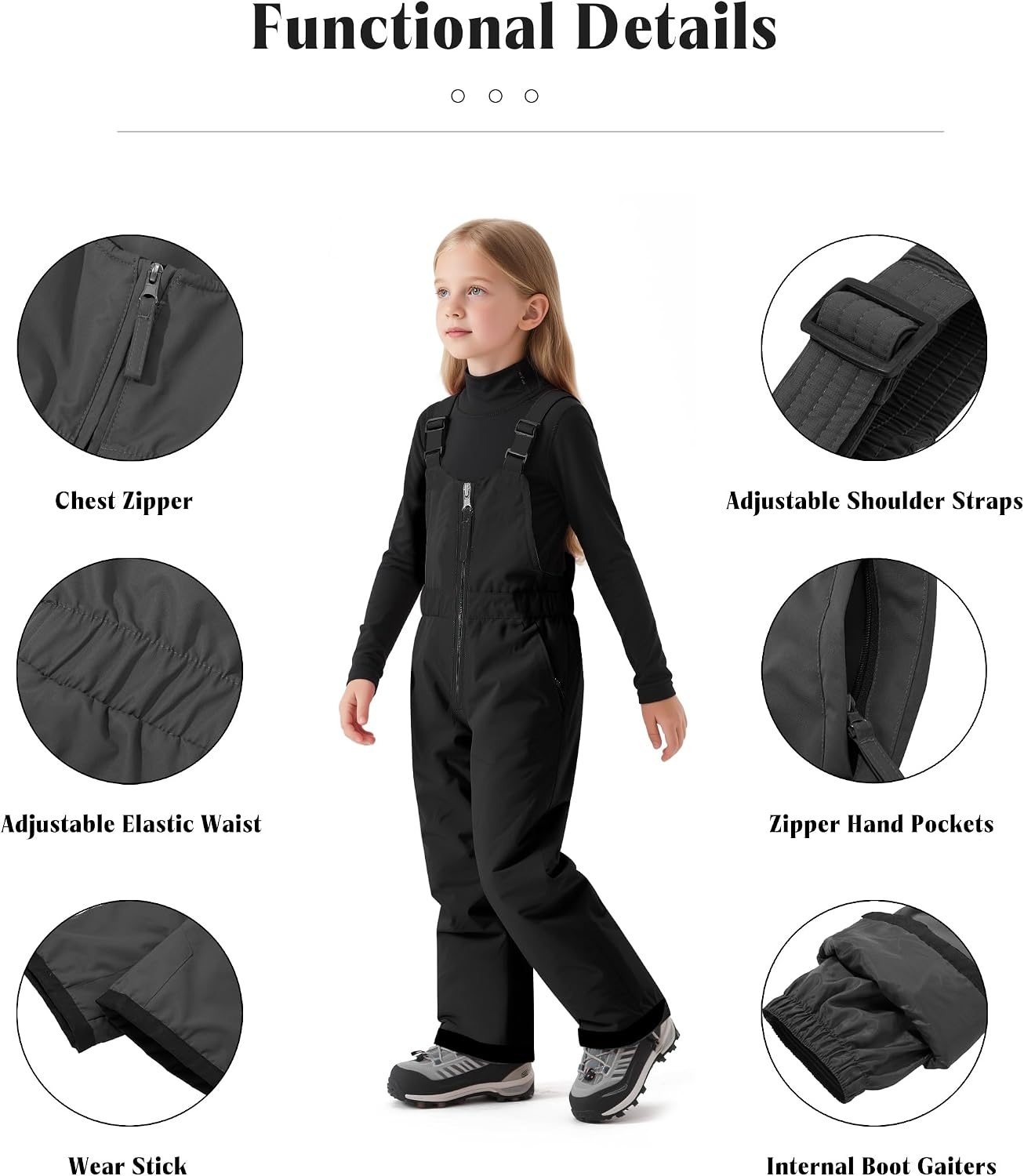 image:imagewantdo Girls Ski Pants Winter Snow Bibs Kids Insulated Snowboarding OverallBlack