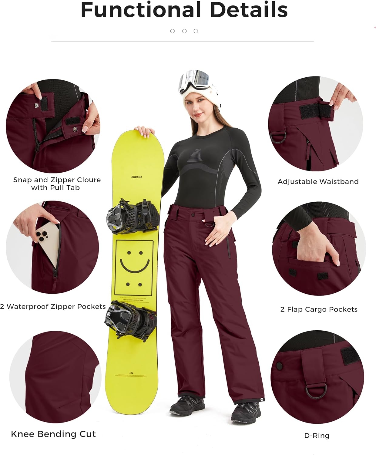 image:imagewantdo Womens Snow Pants Waterproof Insulated Warm Winter Outdoor Ski PantDark Red