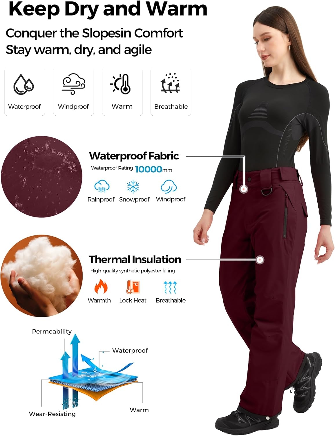 image:imagewantdo Womens Snow Pants Waterproof Insulated Warm Winter Outdoor Ski PantDark Red