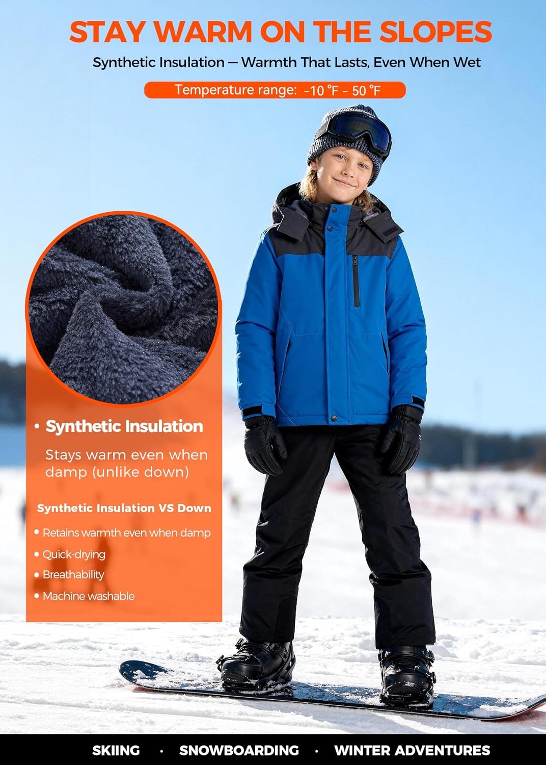 image:imageWantdo Boys Waterproof Ski Jacket Fleece Snowboarding Jackets Warm Thick Winter Coat Hooded RaincoatsBlue Dark Gray