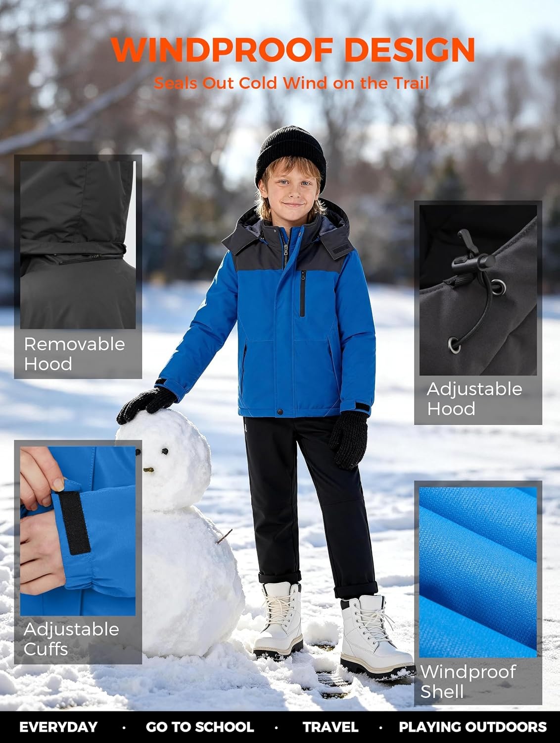 image:imageWantdo Boys Waterproof Ski Jacket Fleece Snowboarding Jackets Warm Thick Winter Coat Hooded RaincoatsBlue Dark Gray