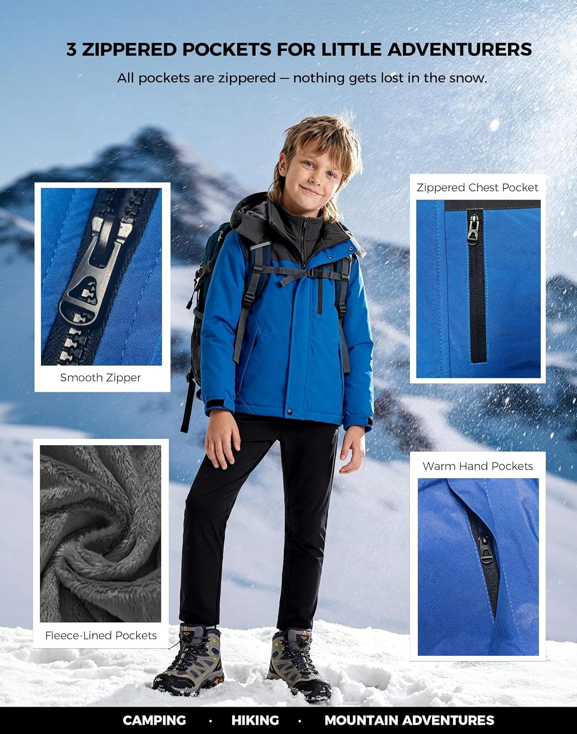 image:imageWantdo Boys Waterproof Ski Jacket Fleece Snowboarding Jackets Warm Thick Winter Coat Hooded RaincoatsBlue Dark Gray