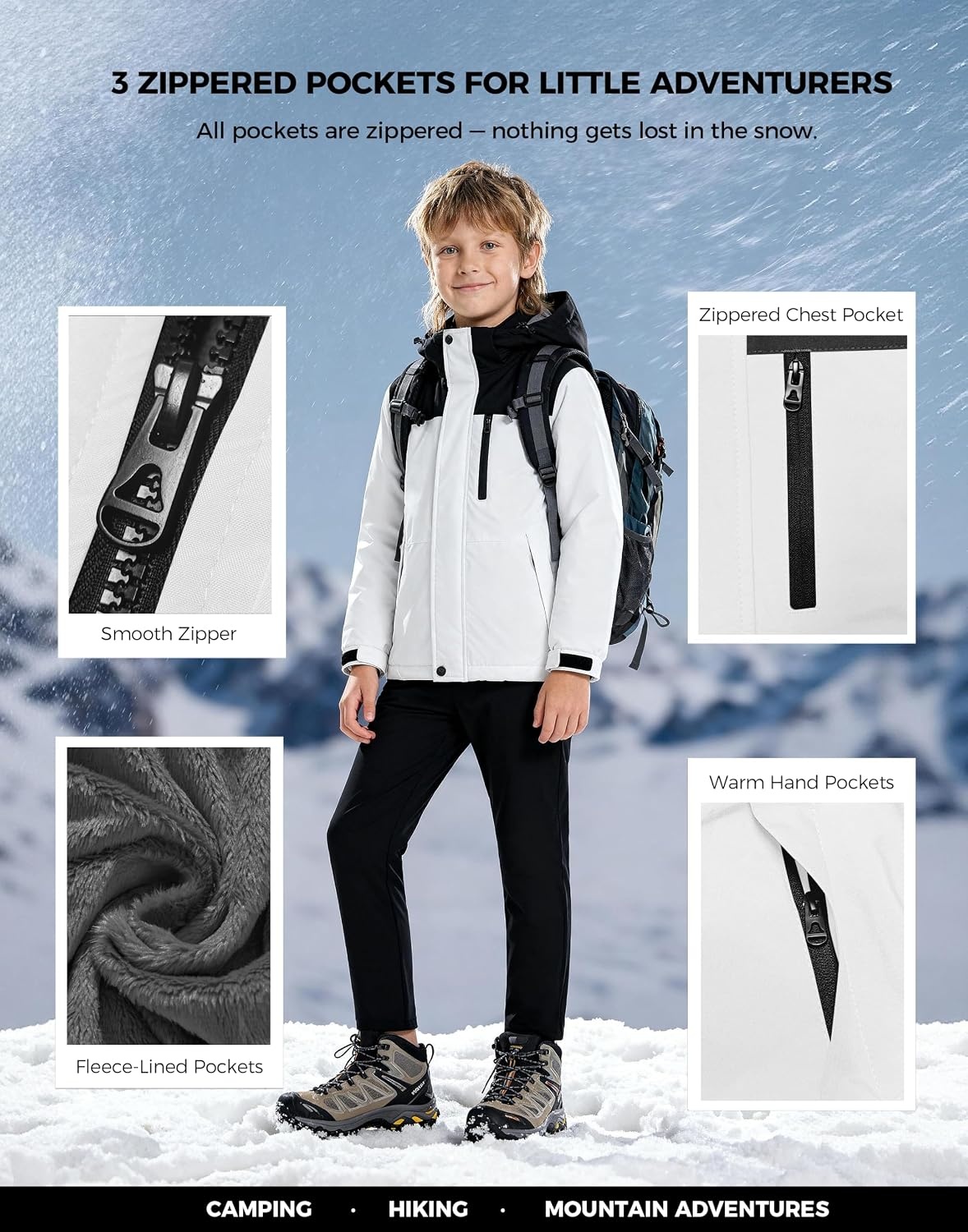 image:imageWantdo Boys Waterproof Ski Jacket Fleece Snowboarding Jackets Warm Thick Winter Coat Hooded RaincoatsWhite Black