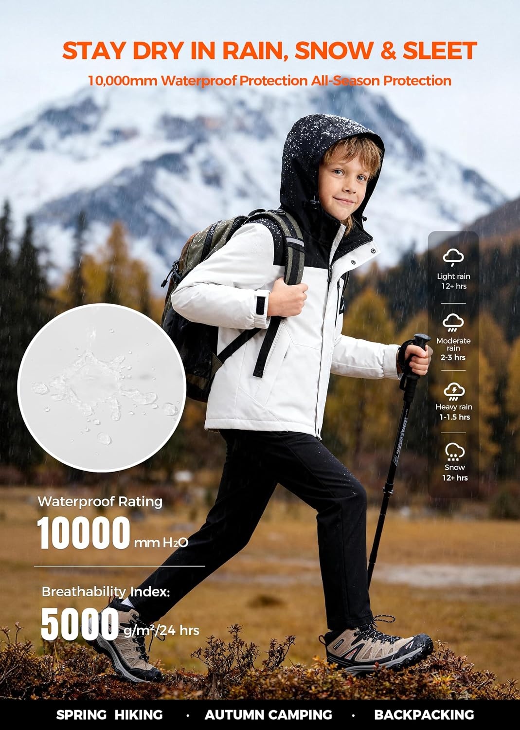 image:imageWantdo Boys Waterproof Ski Jacket Fleece Snowboarding Jackets Warm Thick Winter Coat Hooded RaincoatsWhite Black