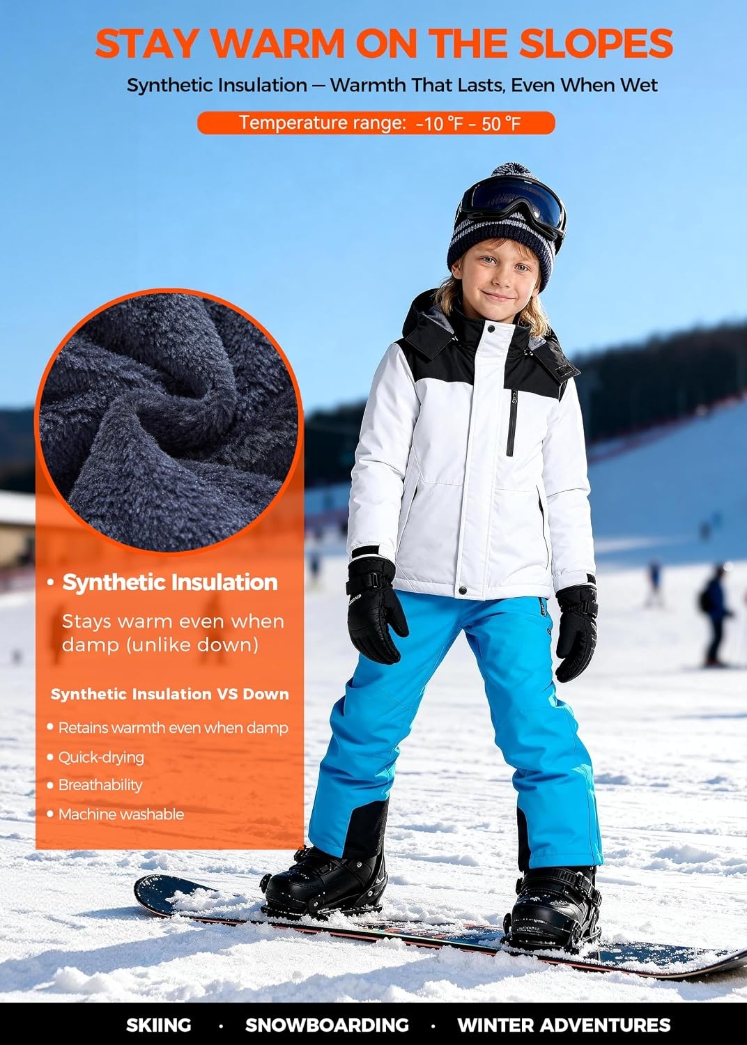 image:imageWantdo Boys Waterproof Ski Jacket Fleece Snowboarding Jackets Warm Thick Winter Coat Hooded RaincoatsWhite Black