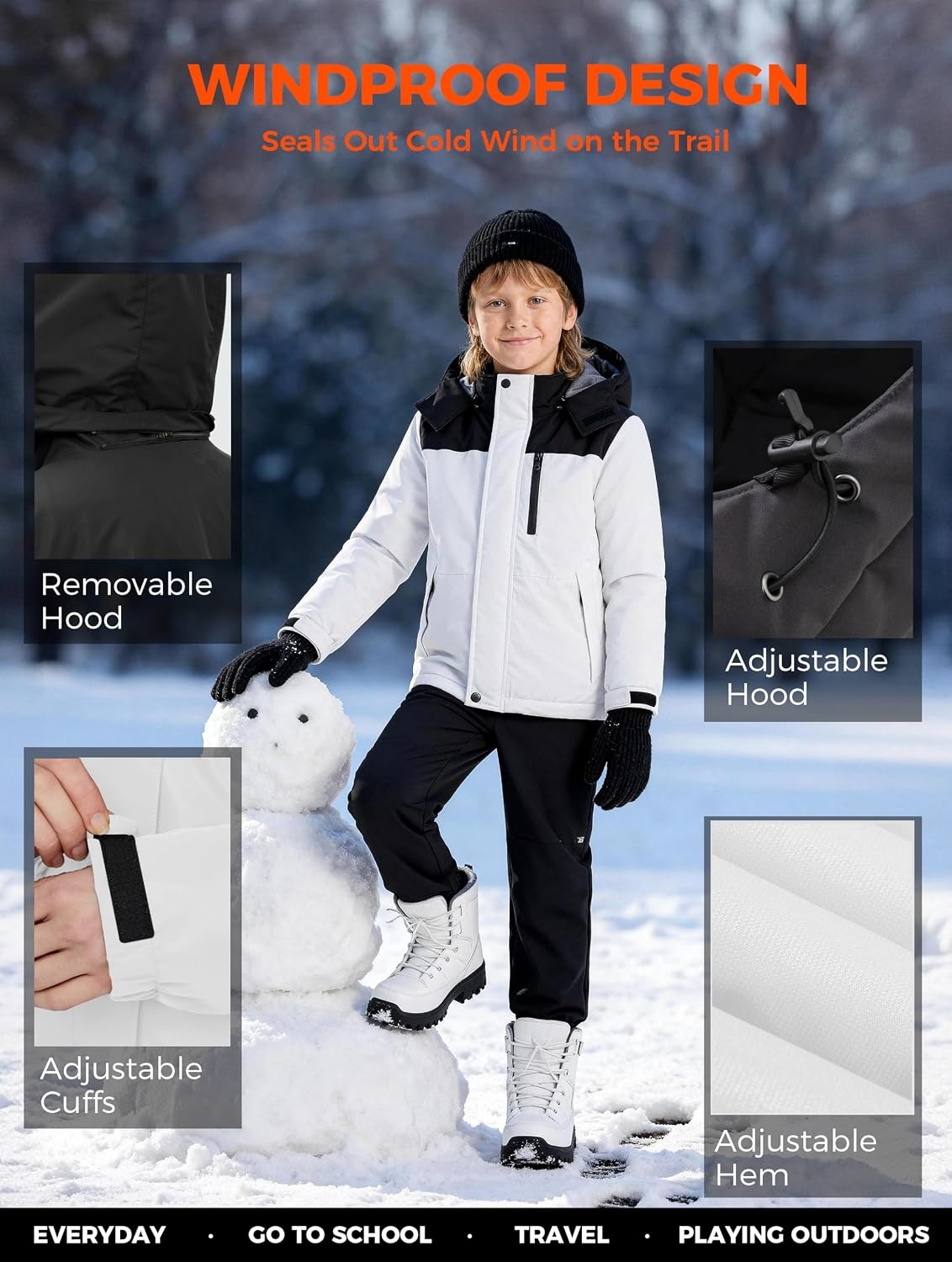 image:imageWantdo Boys Waterproof Ski Jacket Fleece Snowboarding Jackets Warm Thick Winter Coat Hooded RaincoatsWhite Black