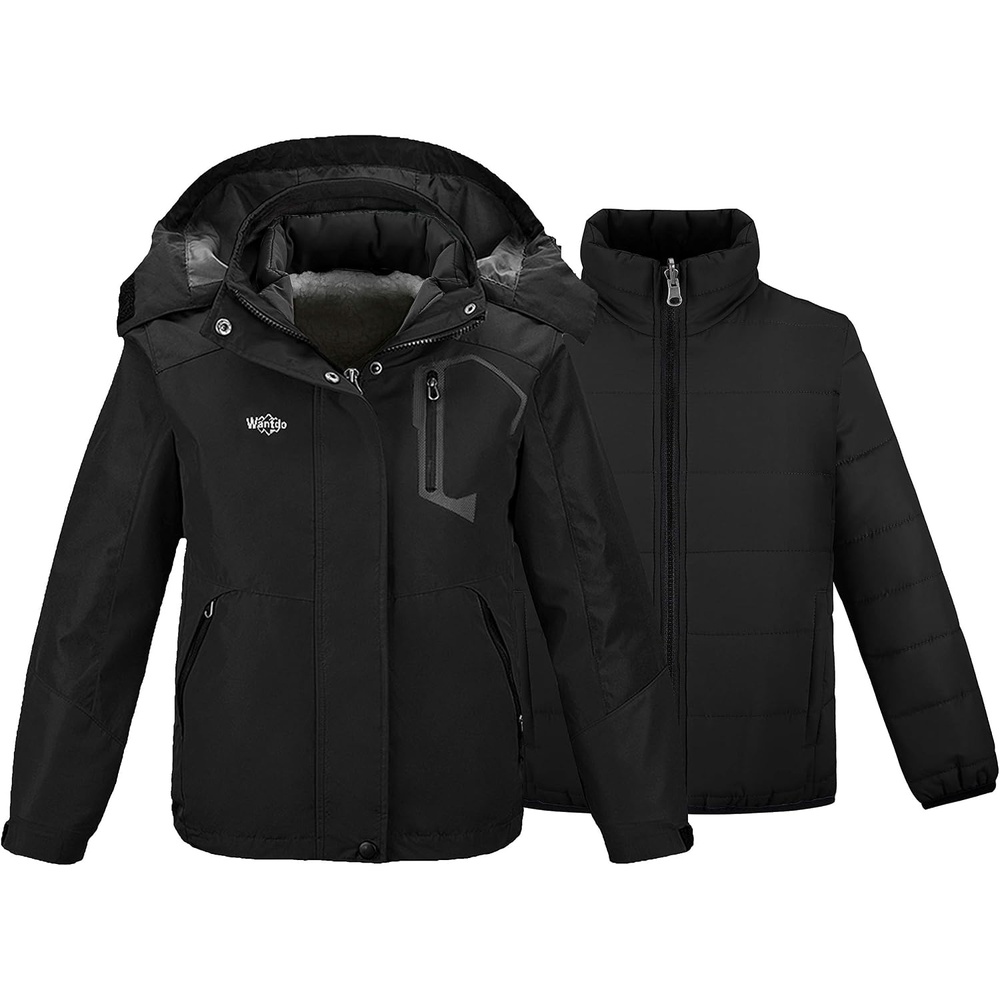 image:imagewantdo Girls 3in1 Ski Jacket Windproof Winter Coat Hooded RaincoatBlack