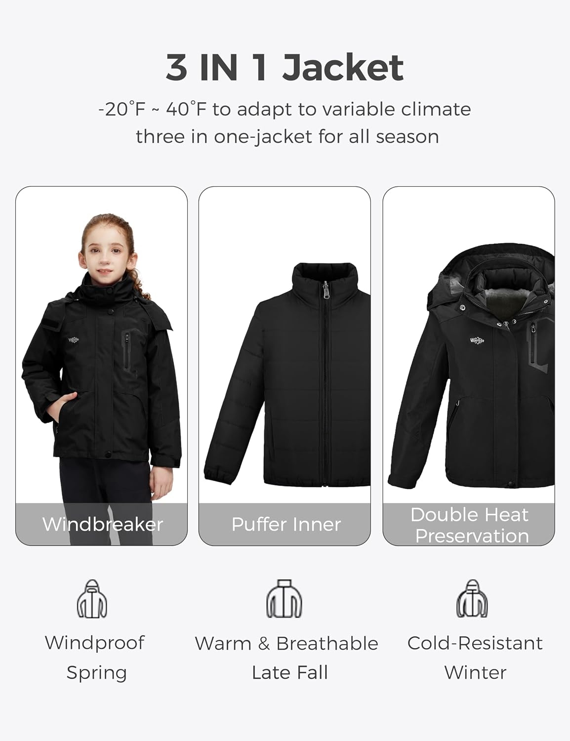 image:imagewantdo Girls 3in1 Ski Jacket Windproof Winter Coat Hooded RaincoatBlack