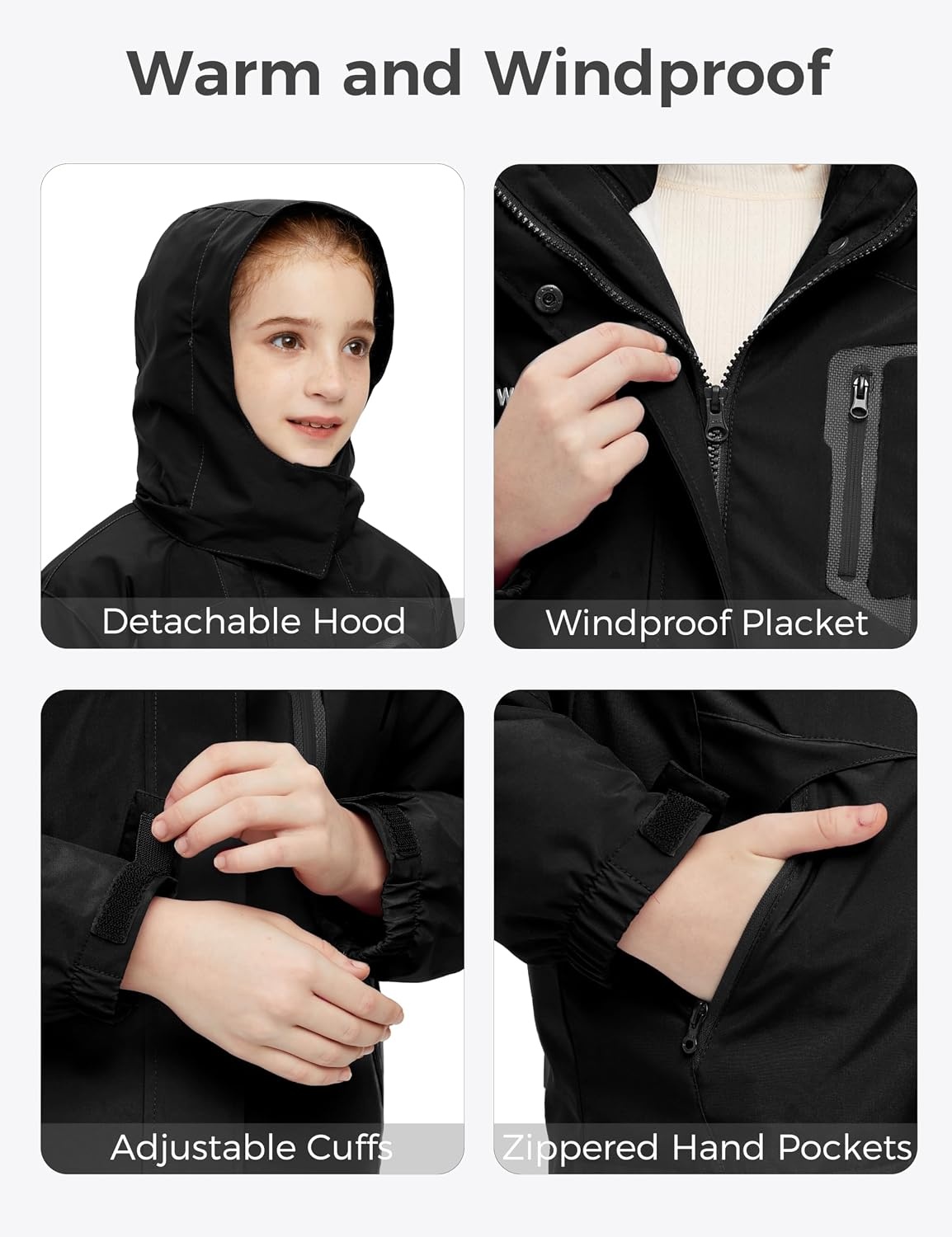 image:imagewantdo Girls 3in1 Ski Jacket Windproof Winter Coat Hooded RaincoatBlack