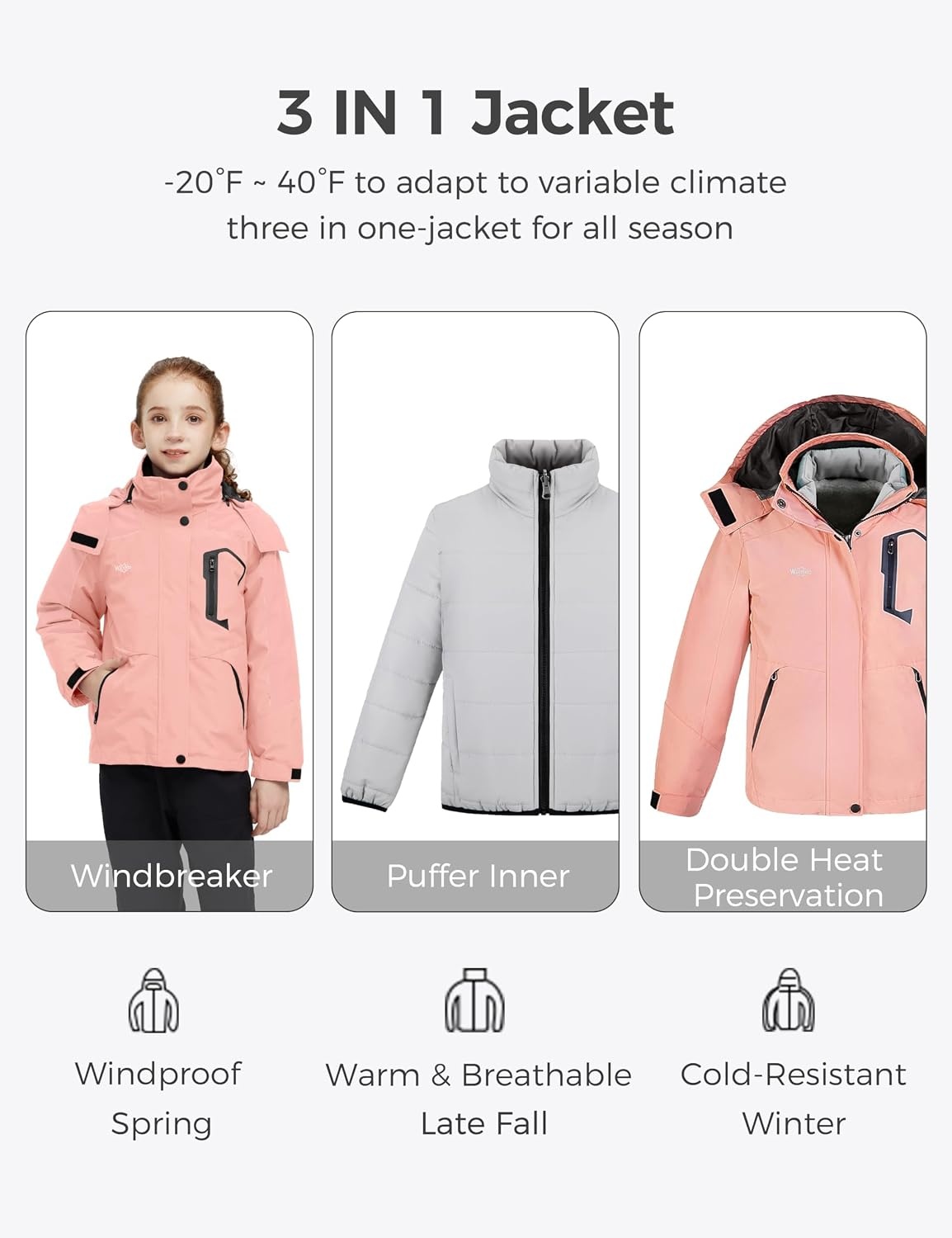image:imagewantdo Girls 3in1 Ski Jacket Windproof Winter Coat Hooded RaincoatPink