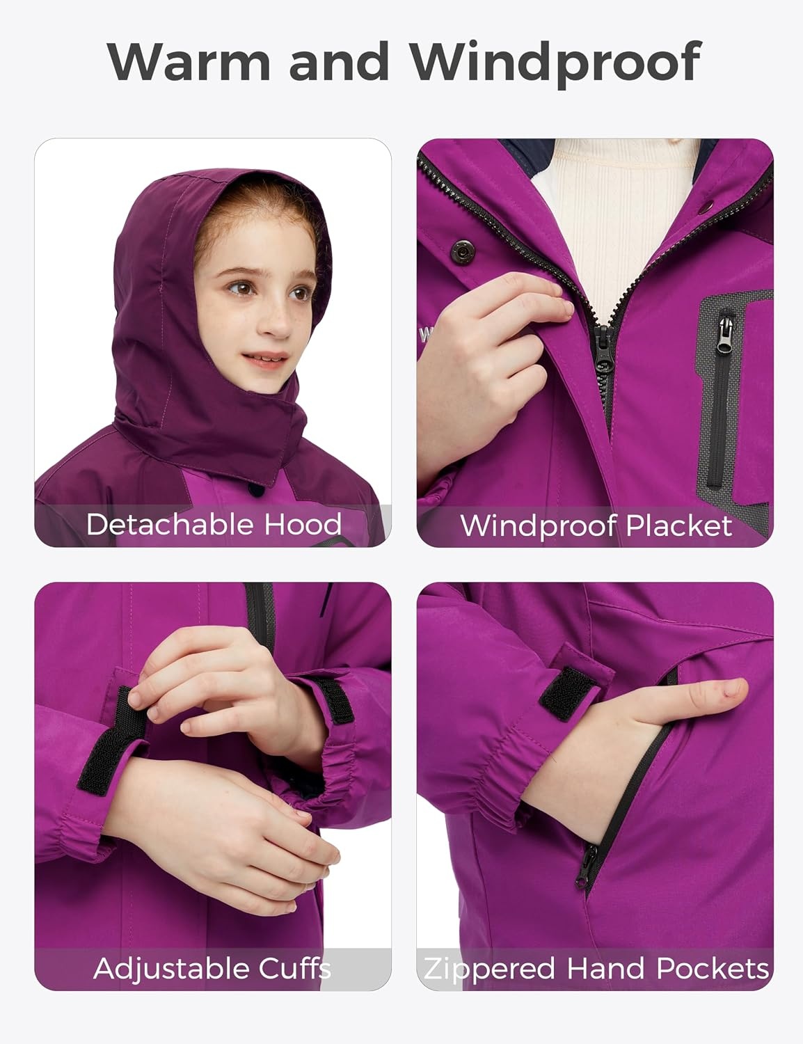 image:imagewantdo Girls 3in1 Ski Jacket Windproof Winter Coat Hooded RaincoatPurple