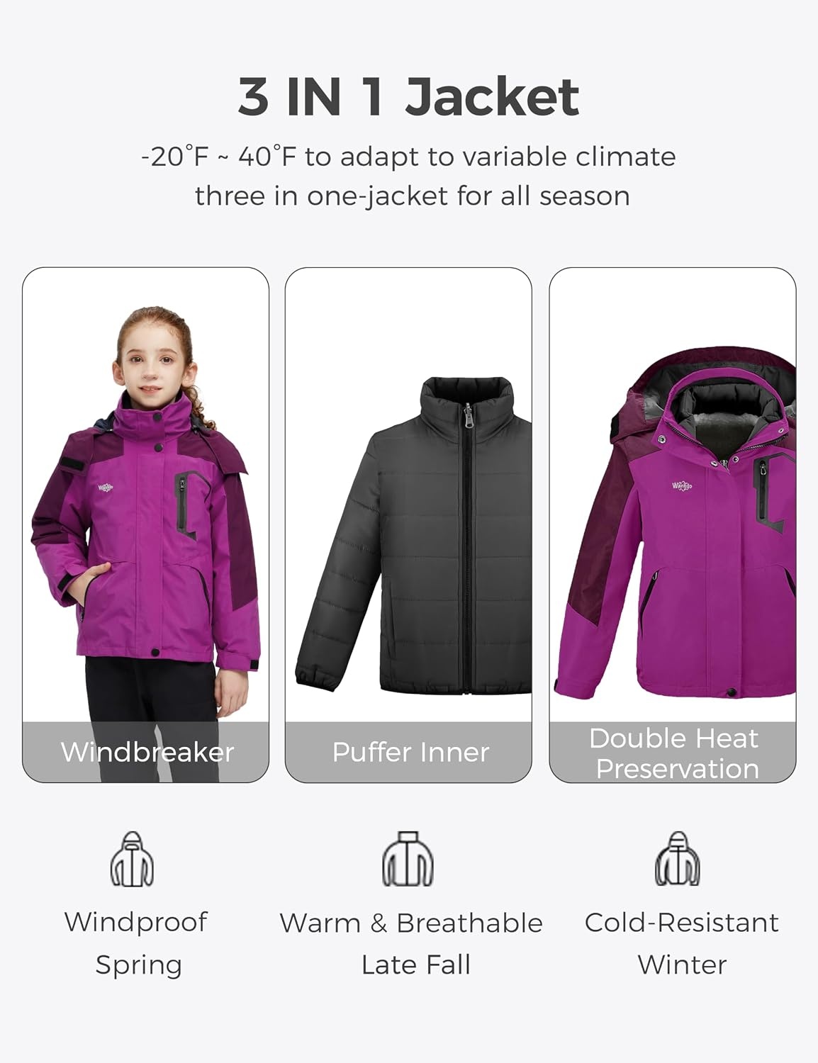 image:imagewantdo Girls 3in1 Ski Jacket Windproof Winter Coat Hooded RaincoatPurple