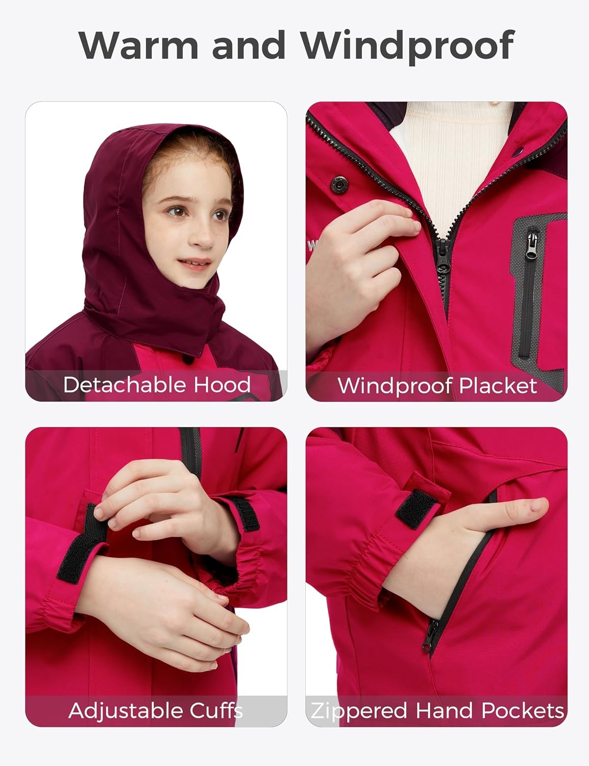 image:imagewantdo Girls 3in1 Ski Jacket Windproof Winter Coat Hooded RaincoatRed