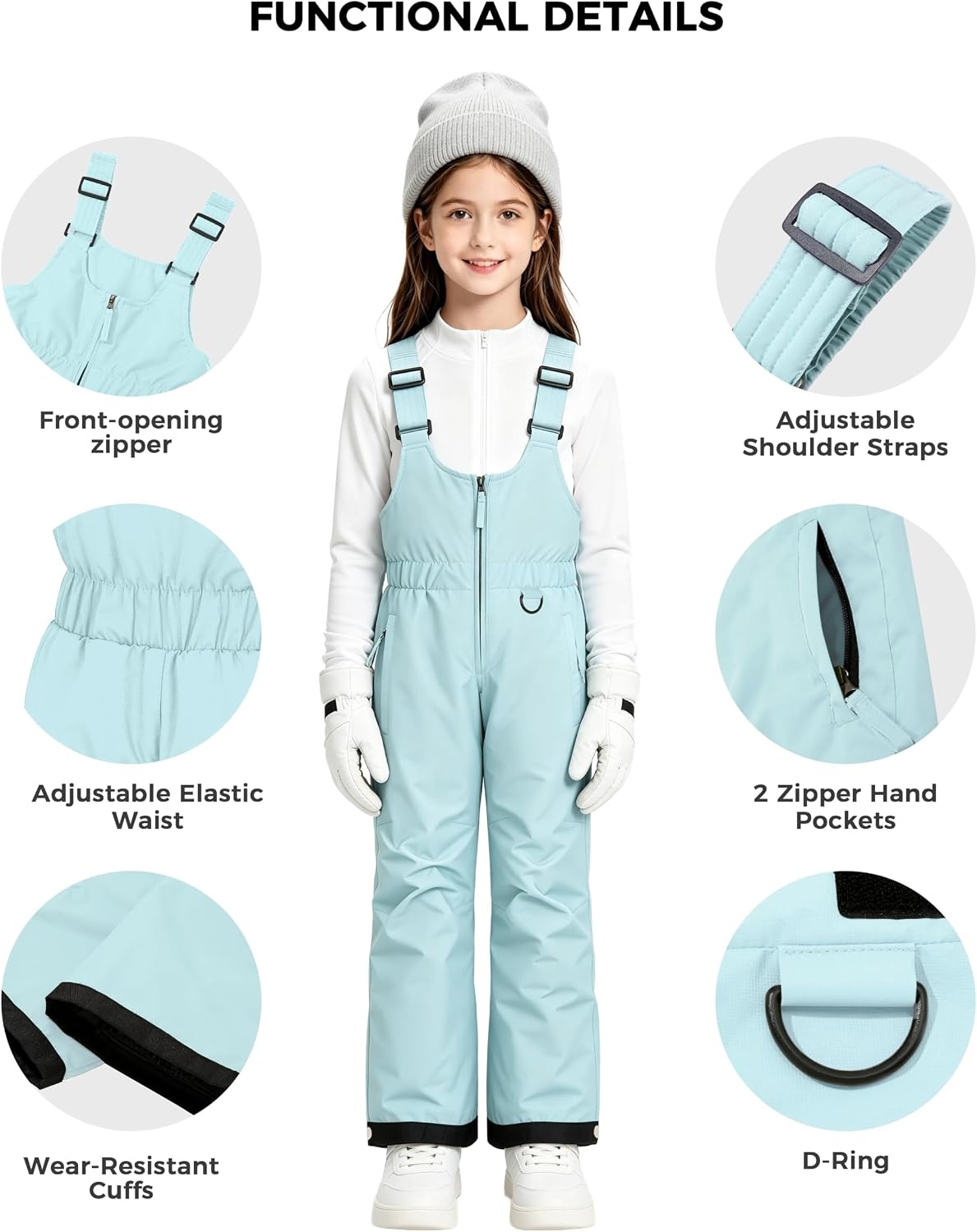 image:imagewantdo Girls Ski Pants Winter Snow Bibs Kids Insulated Snowboarding OverallLight Blue