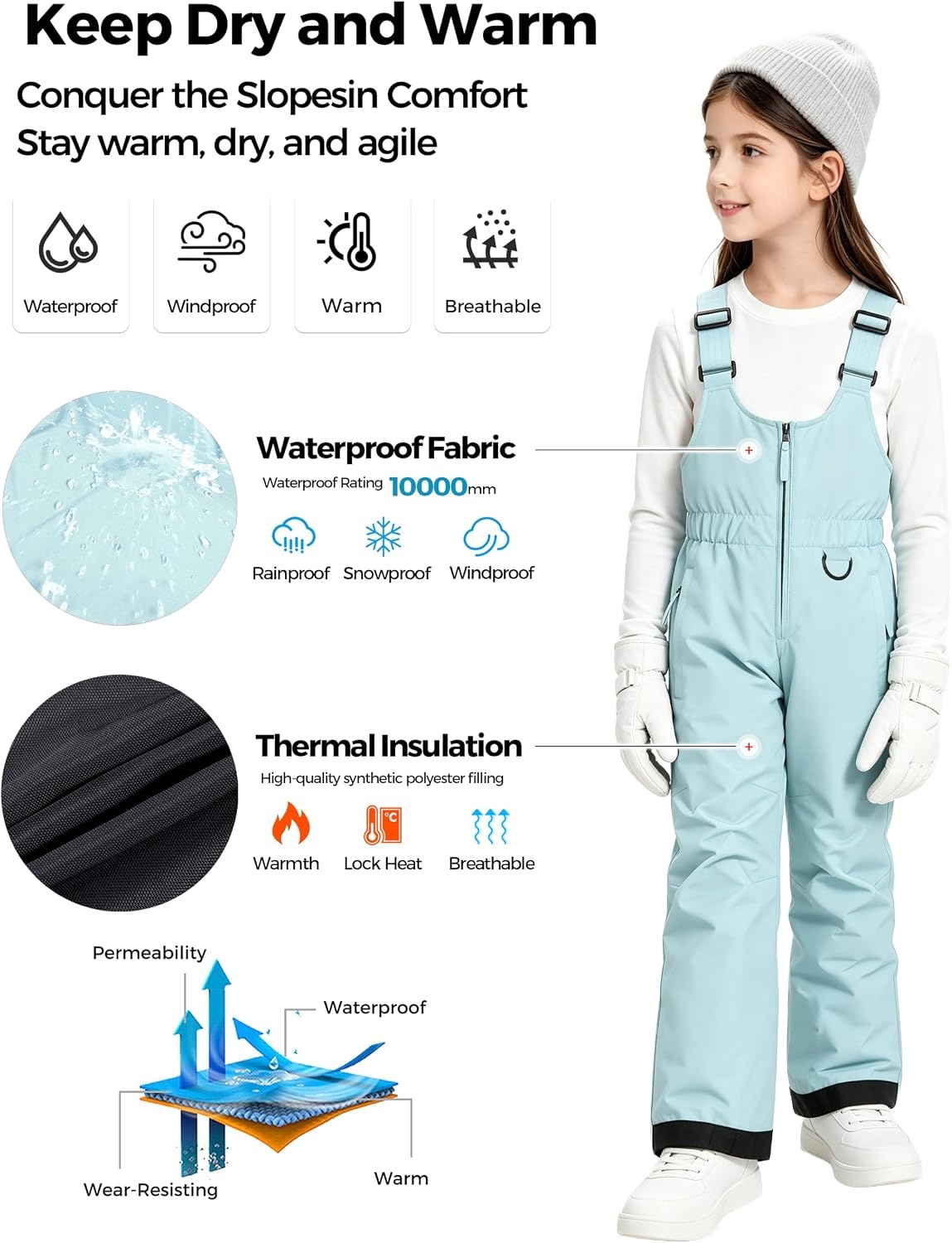 image:imagewantdo Girls Ski Pants Winter Snow Bibs Kids Insulated Snowboarding OverallLight Blue