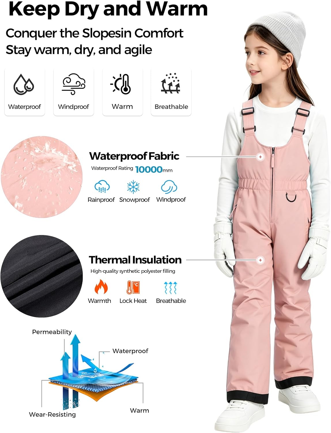 image:imagewantdo Girls Ski Pants Winter Snow Bibs Kids Insulated Snowboarding OverallPink