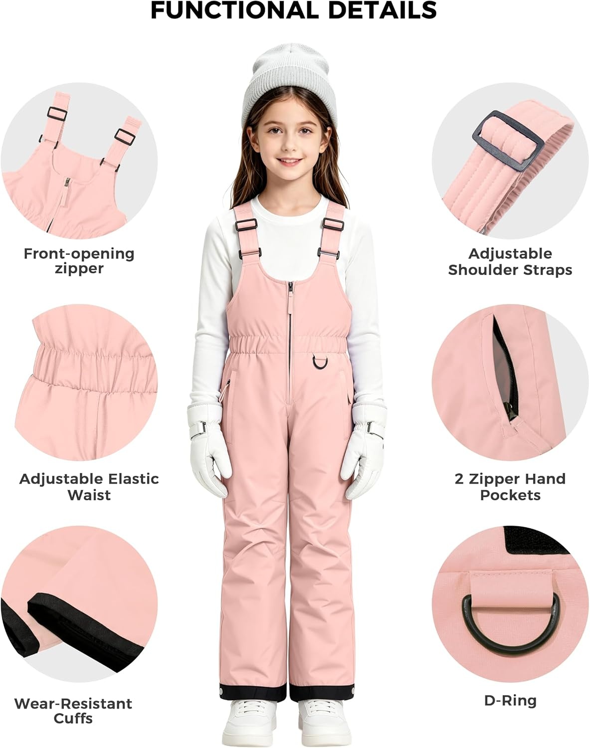 image:imagewantdo Girls Ski Pants Winter Snow Bibs Kids Insulated Snowboarding OverallPink
