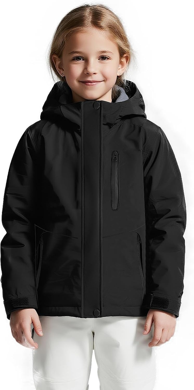 image:imagewantdo Girls Snow Ski Jacket Waterproof Warm Coat Skiing Jacket Rain Coats Kids Thick Jackets with Removable HoodBlack