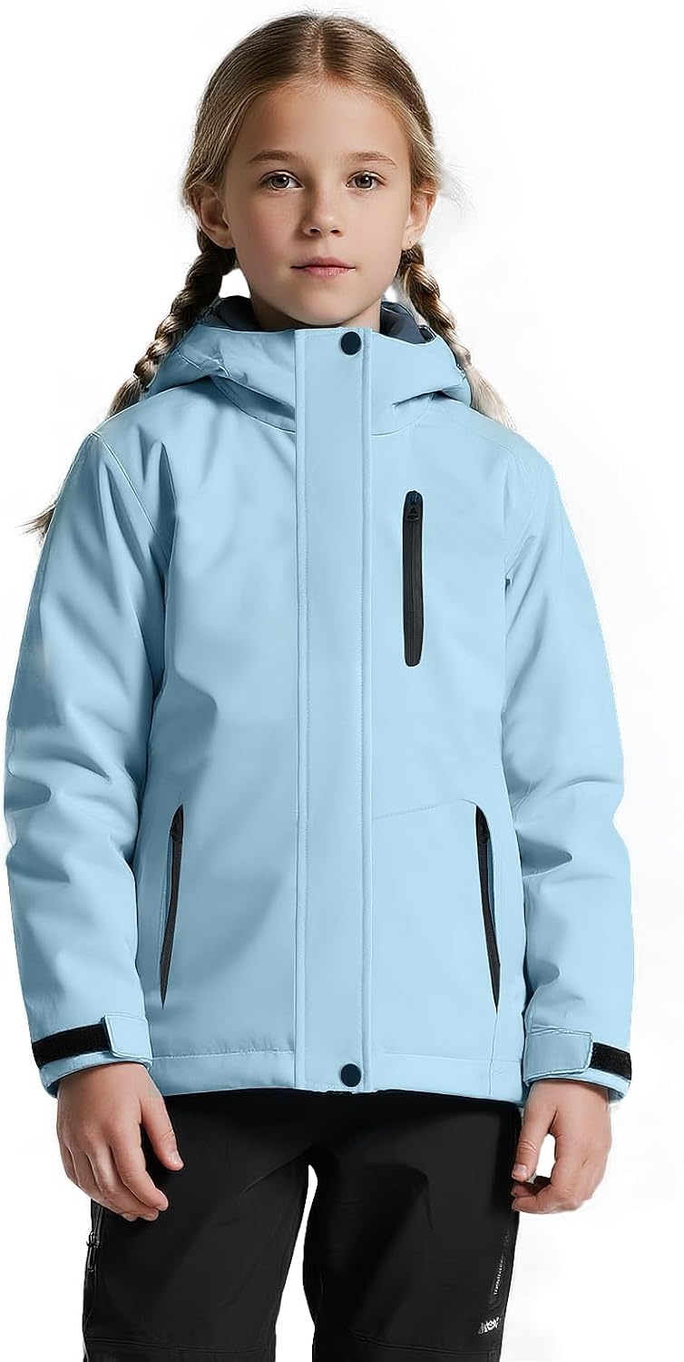 image:imagewantdo Girls Snow Ski Jacket Waterproof Warm Coat Skiing Jacket Rain Coats Kids Thick Jackets with Removable HoodPale Blue