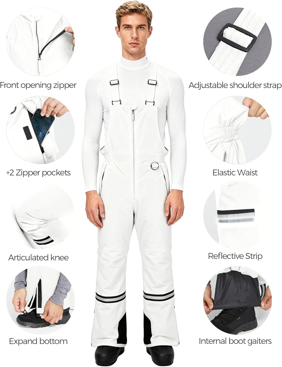 image:imagewantdo Mens Snow Bibs Warm Winter Ski Pants Outdoor Snowboard OverallsWhite