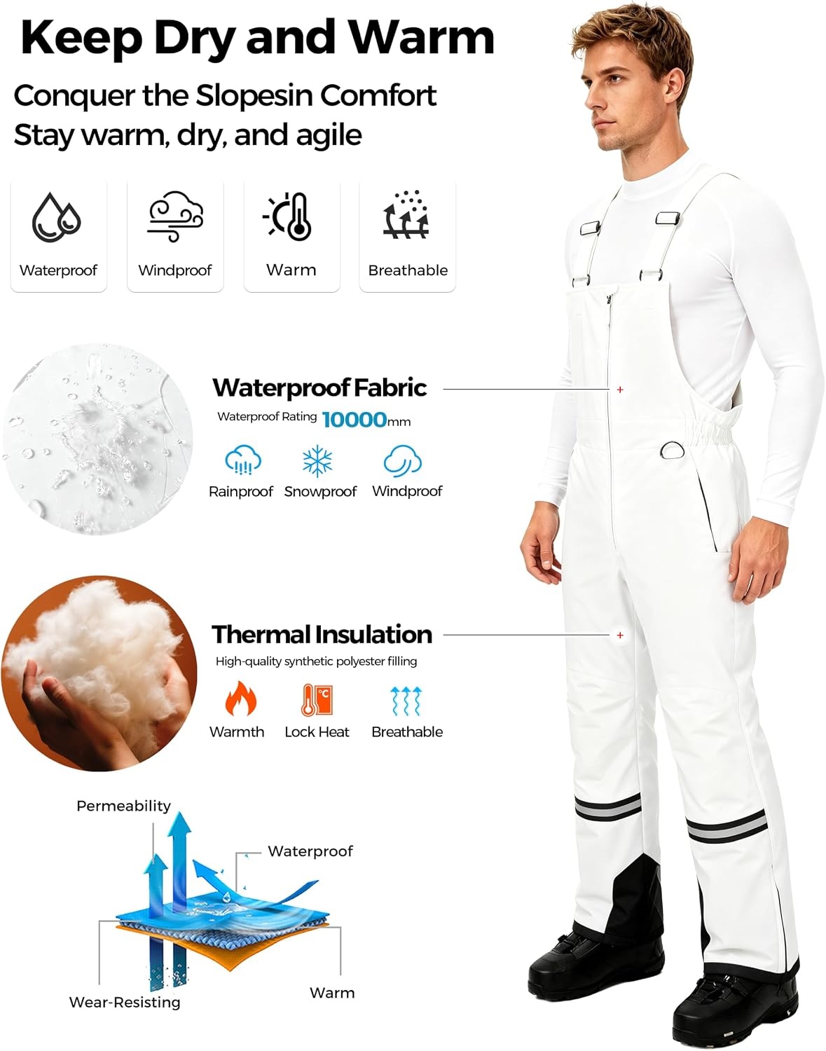 image:imagewantdo Mens Snow Bibs Warm Winter Ski Pants Outdoor Snowboard OverallsWhite