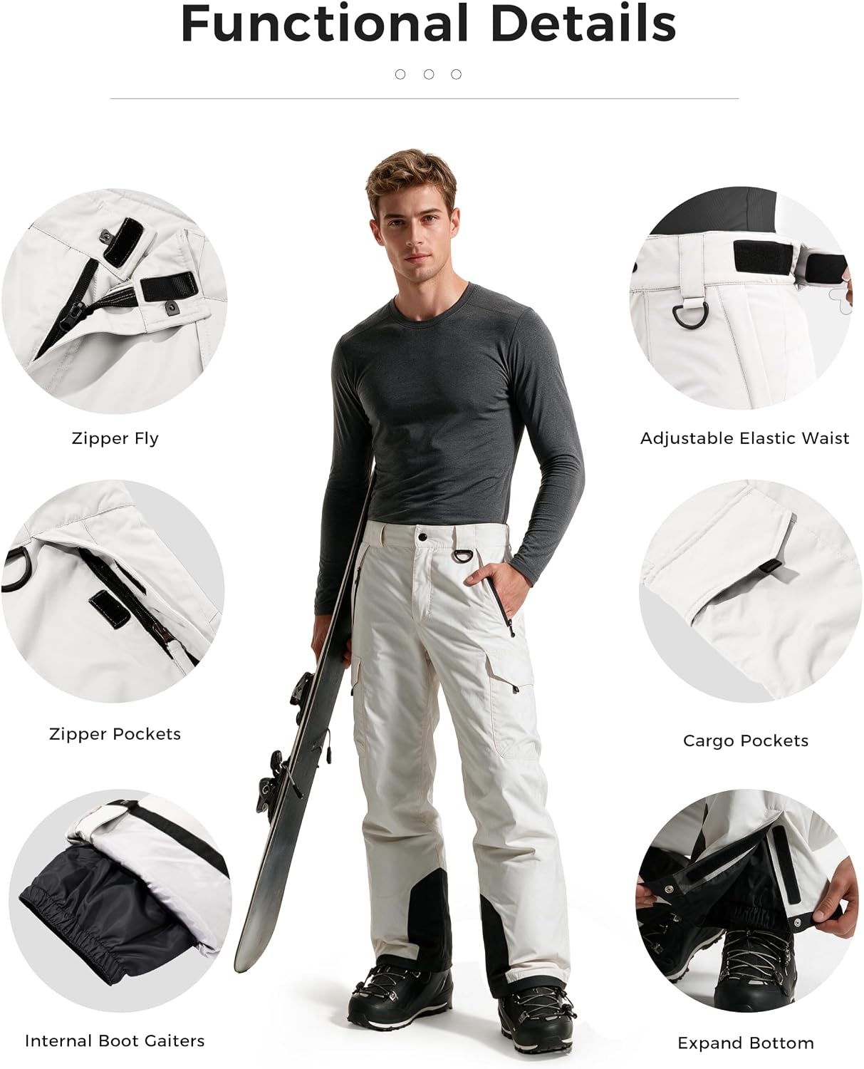 image:imagewantdo Mens Snow Pants Warm Winter Ski Bibs Outdoor Snowboard OverallsWhite