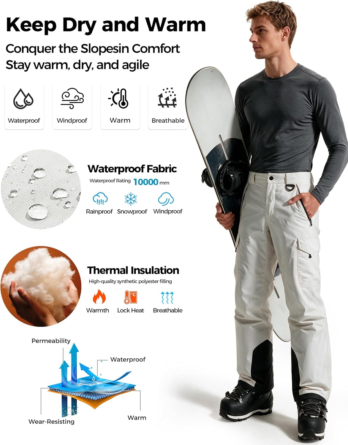 image:imagewantdo Mens Snow Pants Warm Winter Ski Bibs Outdoor Snowboard OverallsWhite