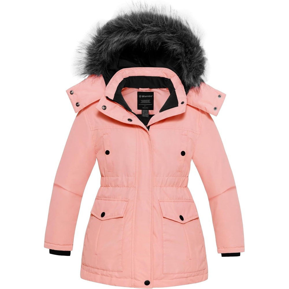 image:imagewantdo Girls Winter Coat Warm Fleece Puffer Jacket Waterproof Parka with Faux Fur HoodCoral Pink