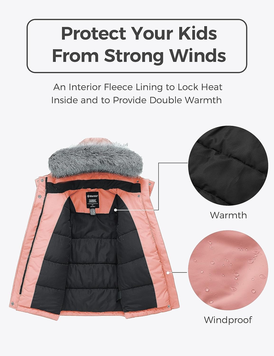 image:imagewantdo Girls Winter Coat Warm Fleece Puffer Jacket Waterproof Parka with Faux Fur HoodCoral Pink