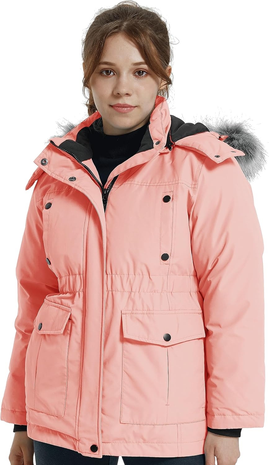 image:imagewantdo Girls Winter Coat Warm Fleece Puffer Jacket Waterproof Parka with Faux Fur HoodCoral Pink