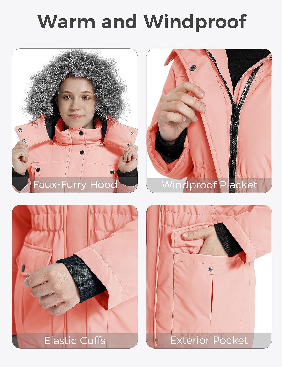 image:imagewantdo Girls Winter Coat Warm Fleece Puffer Jacket Waterproof Parka with Faux Fur HoodCoral Pink