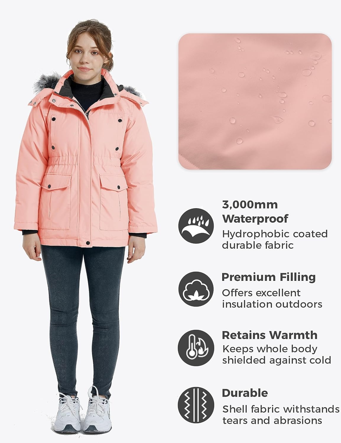 image:imagewantdo Girls Winter Coat Warm Fleece Puffer Jacket Waterproof Parka with Faux Fur HoodCoral Pink