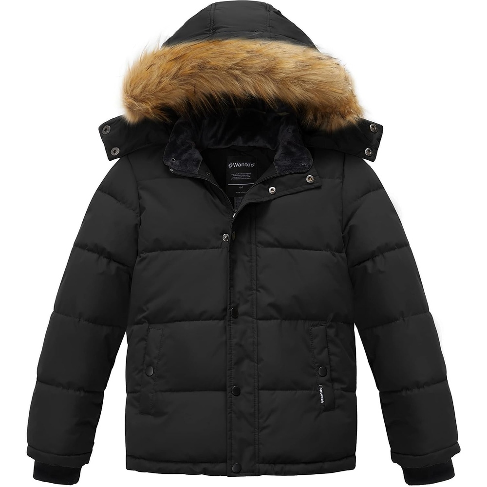 image:imagewantdo Boys Winter Coat Warm Puffer Jacket Waterproof with Faux Fur HoodBlack