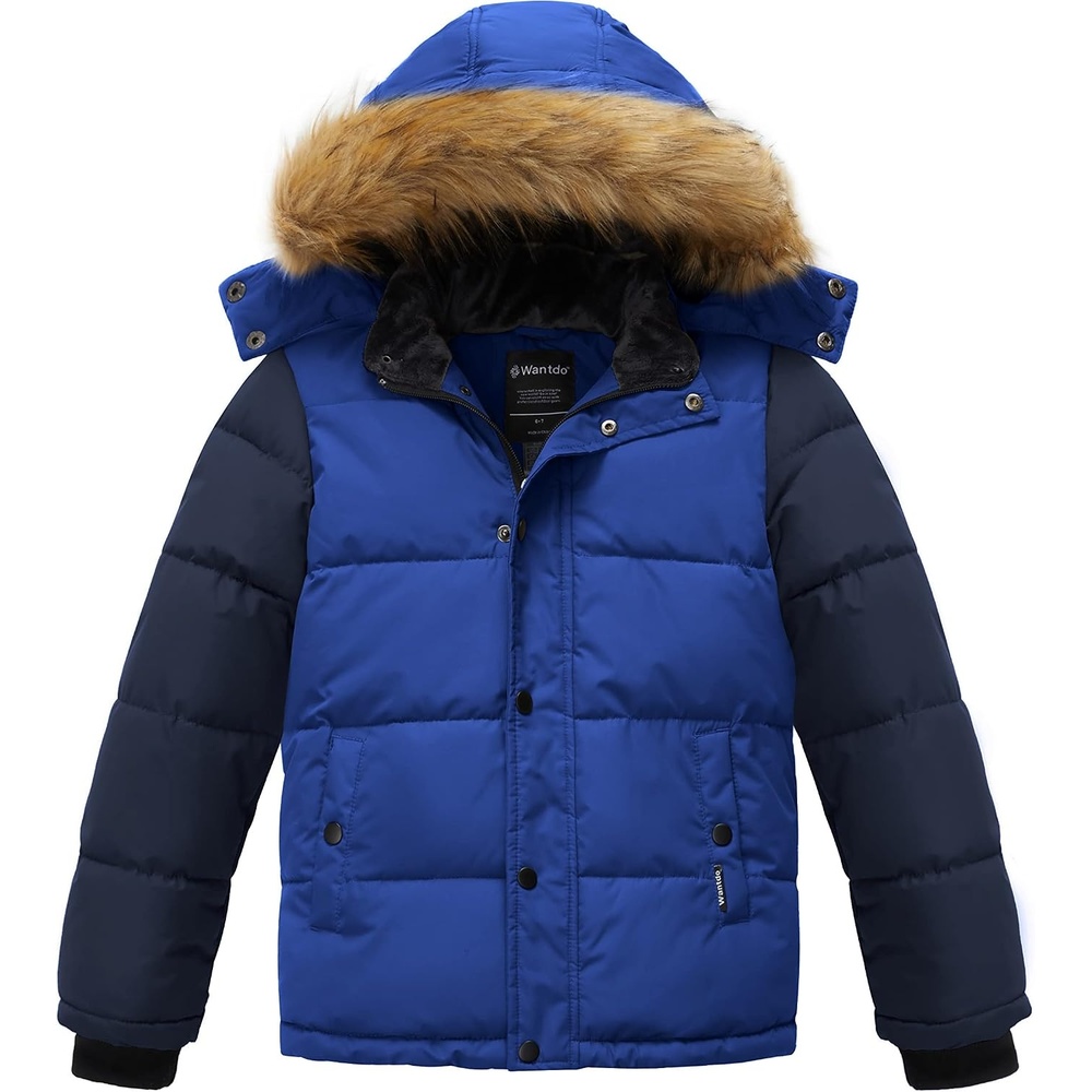 image:imagewantdo Boys Winter Coat Warm Puffer Jacket Waterproof with Faux Fur HoodBlue  Navy