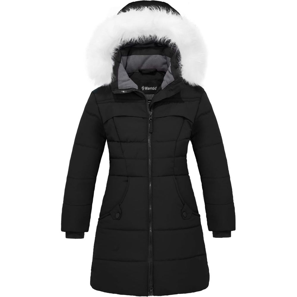 image:imagewantdo Girls Winter Coat Waterproof Long Puffer Jacket Warm Parka HoodedBlack