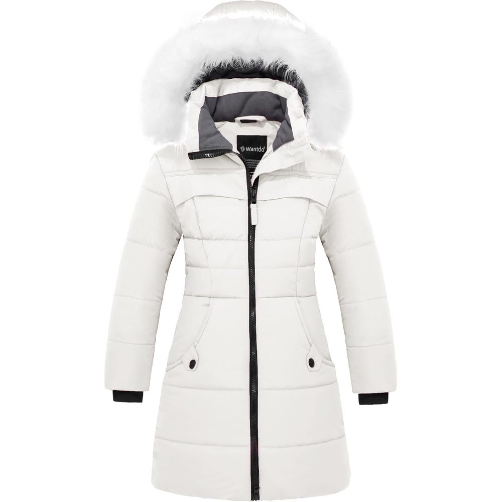 image:imagewantdo Girls Winter Coat Waterproof Long Puffer Jacket Warm Parka HoodedCreamy White