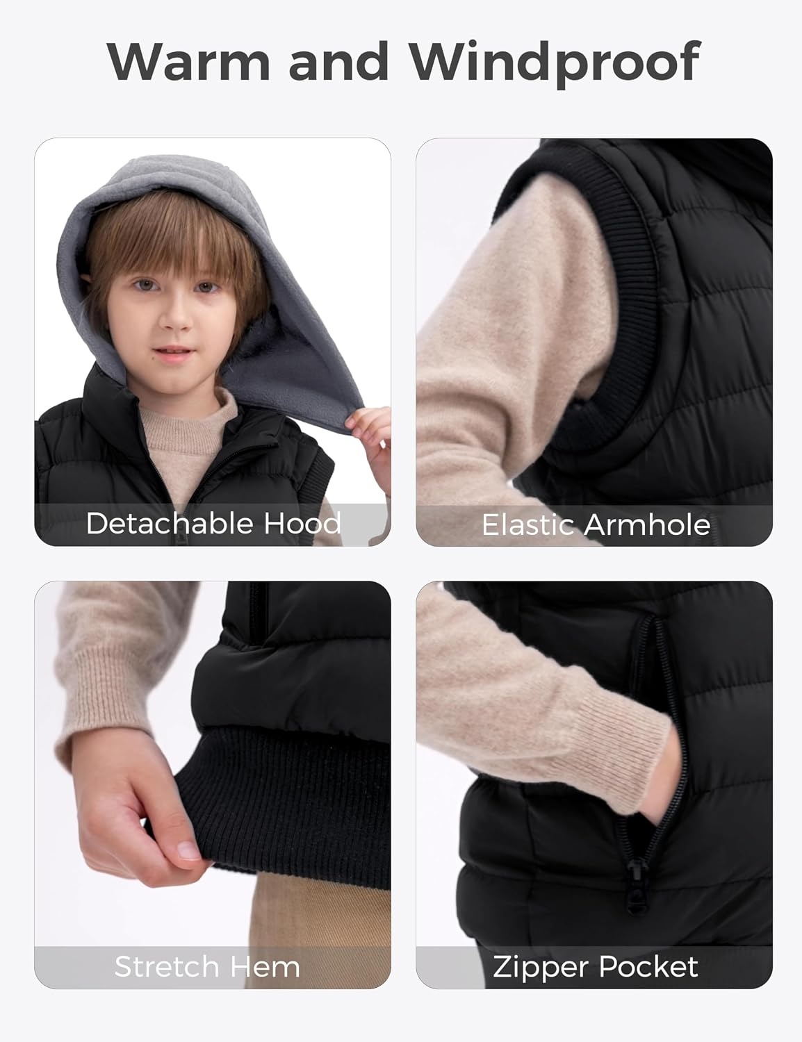 image:imagewantdo Boys Puffer Vest Waterproof Sleeveless Winter Coat with Zip PocketsBlack